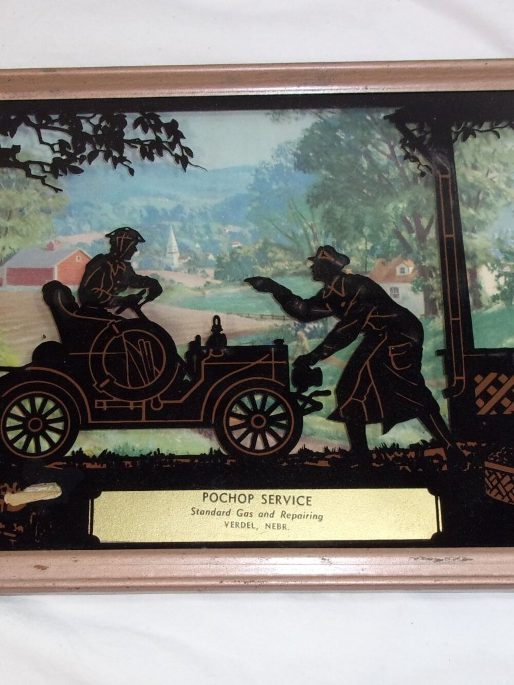 VINTAGE REVERSE PAINTED SILHOUETTE PICTURE-POCHOP SERVICE VERDEL, NEBR.